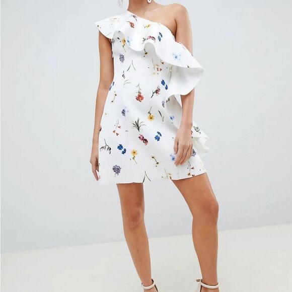 ASOS DESIGN floral one shoulder ruffle a-line mini dress - Picture 2 of 10